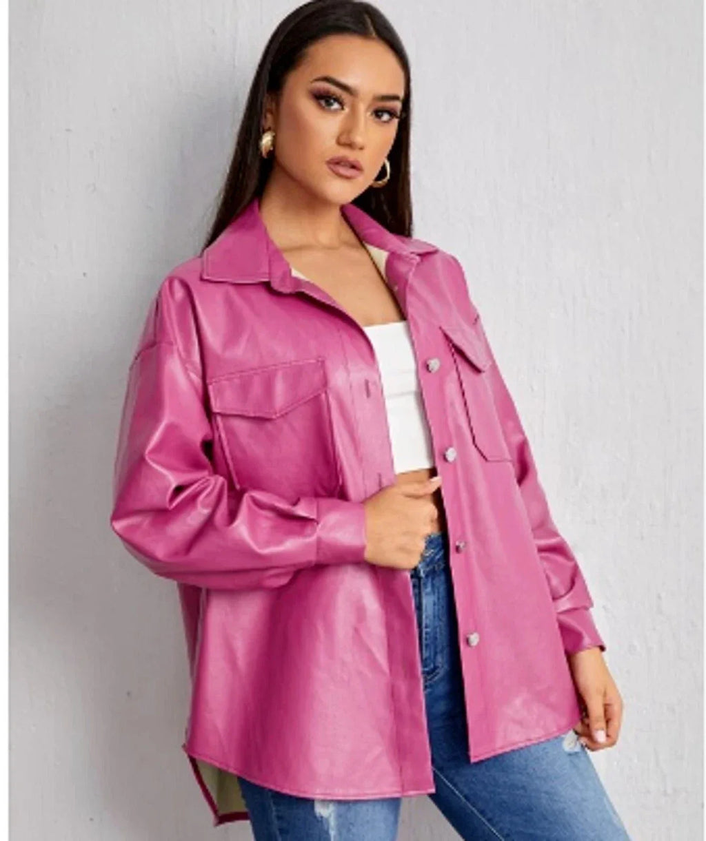 Women's Hot Pink Full Grain Leather Original Shirt Jacket - Handcrafted Oversized with Chest Pockets