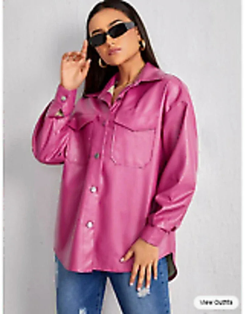 Women's Hot Pink Full Grain Leather Original Shirt Jacket - Handcrafted Oversized with Chest Pockets