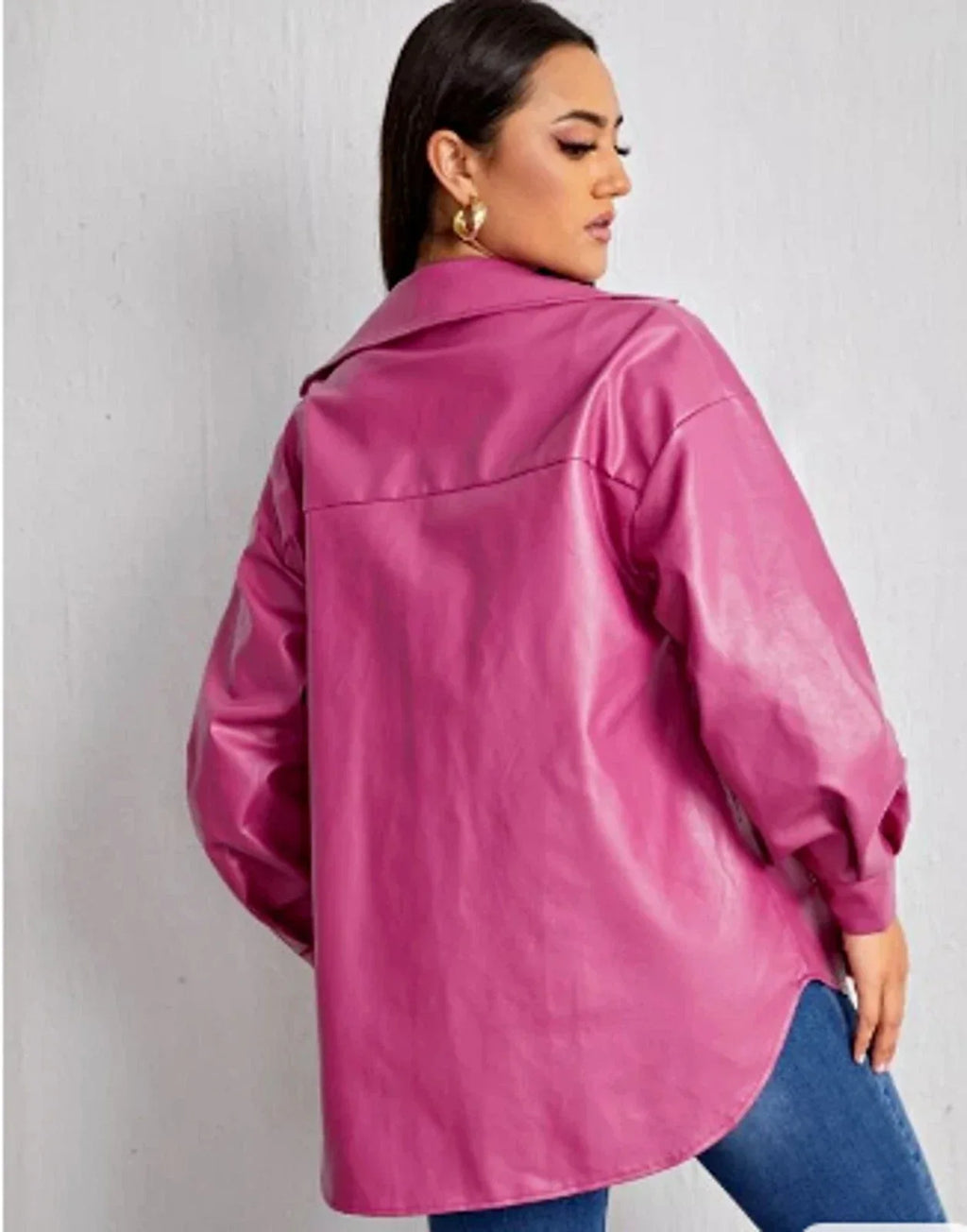 Women's Hot Pink Full Grain Leather Original Shirt Jacket - Handcrafted Oversized with Chest Pockets