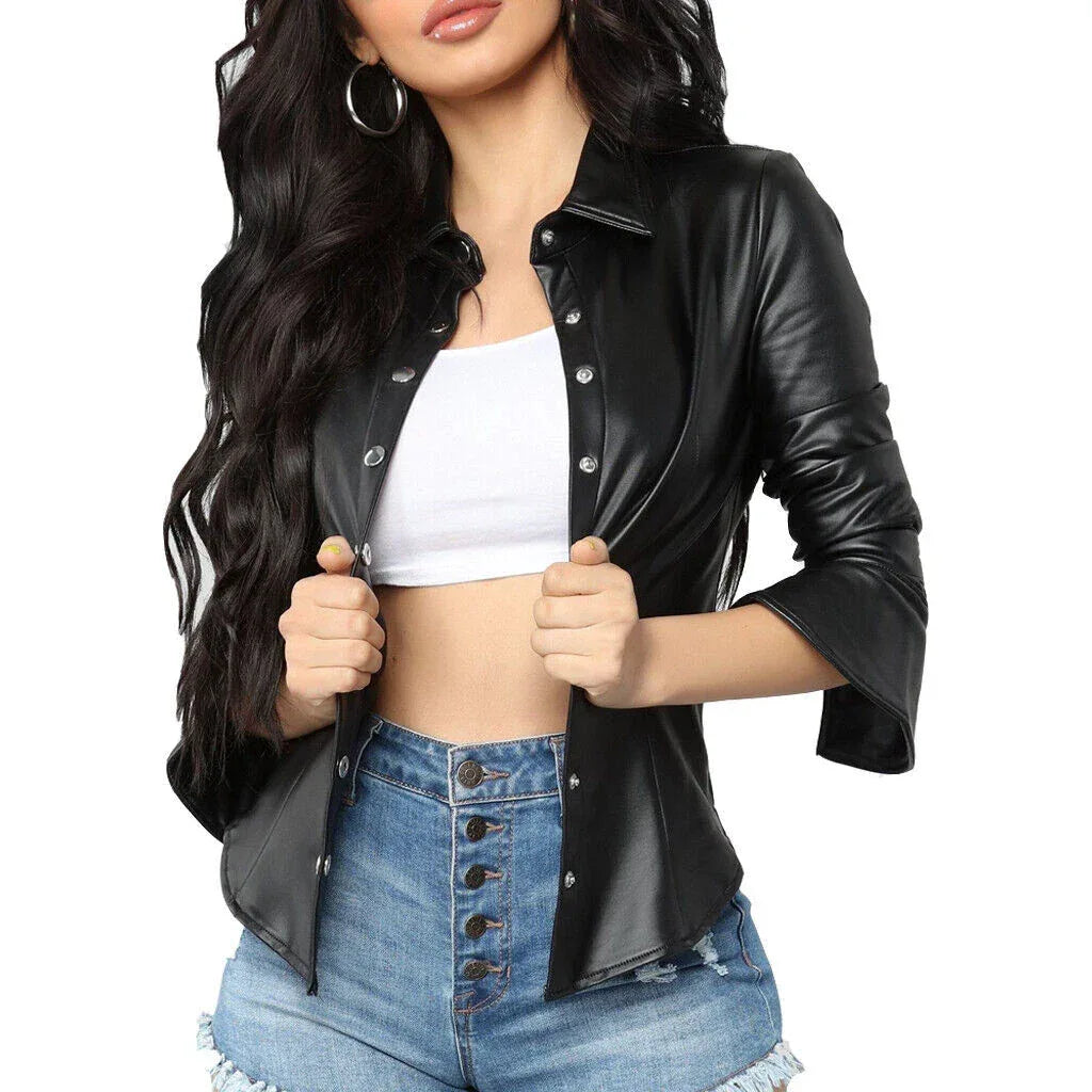 Women's Black Full Grain Original  Leather Jacket - Handcrafted with Belt Detail