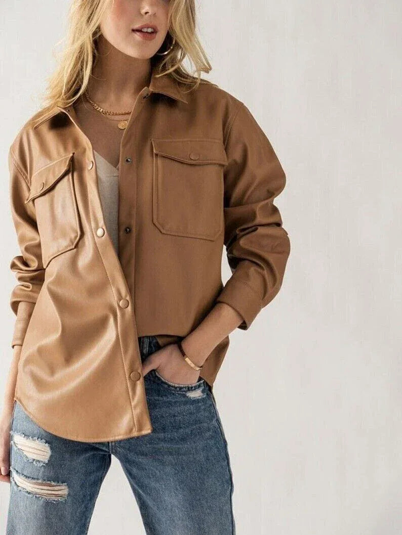 Women's Tan Full Grain Original Leather Shirt - Handcrafted Oversized with Chest Pockets