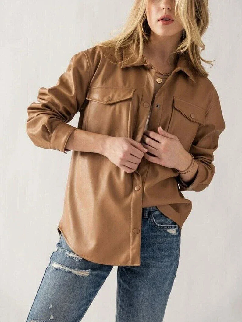 Women's Tan Full Grain Original Leather Shirt - Handcrafted Oversized with Chest Pockets