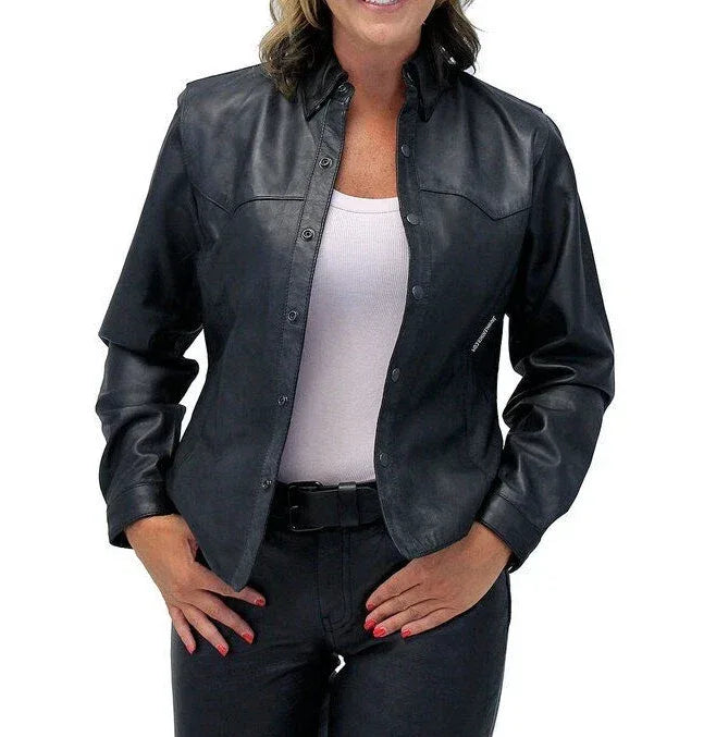 Women's Black Full Grain Leather Original Shirt - Handcrafted Western Yoke Design