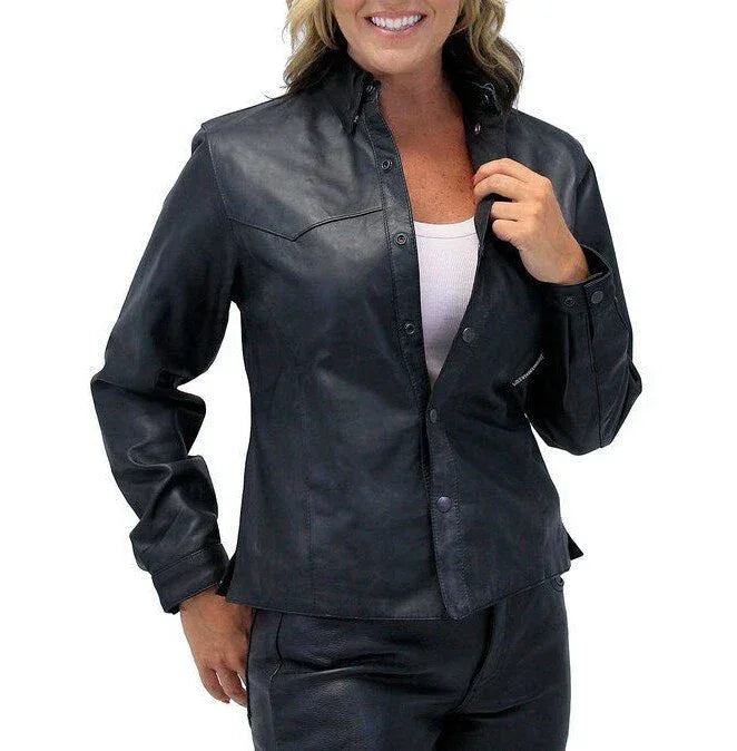 Women's Black Full Grain Leather Original Shirt - Handcrafted Western Yoke Design
