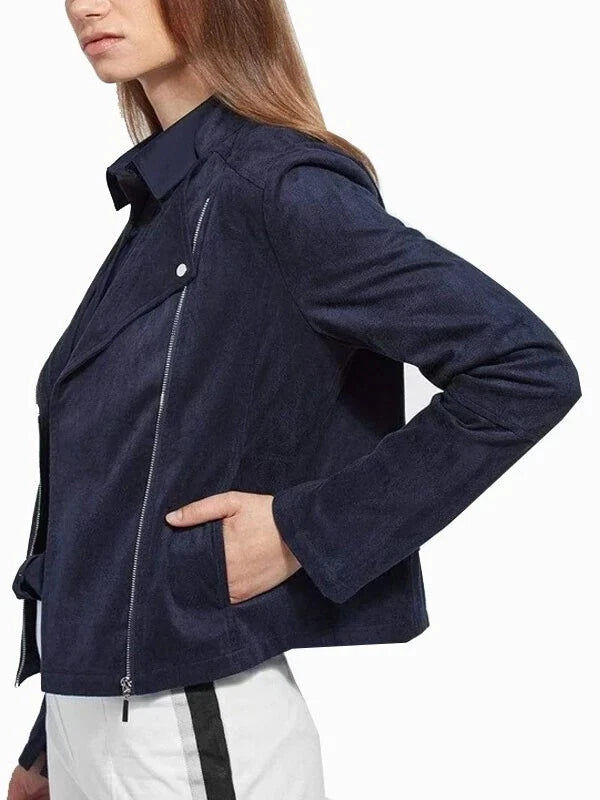Women's Navy Blue Suede Original Leather Moto Jacket - Handcrafted Full Grain Leather Biker Jacket