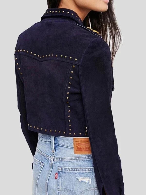 Women's Navy Blue Suede Original Leather Moto Jacket - Handcrafted Full Grain Leather Biker Jacket