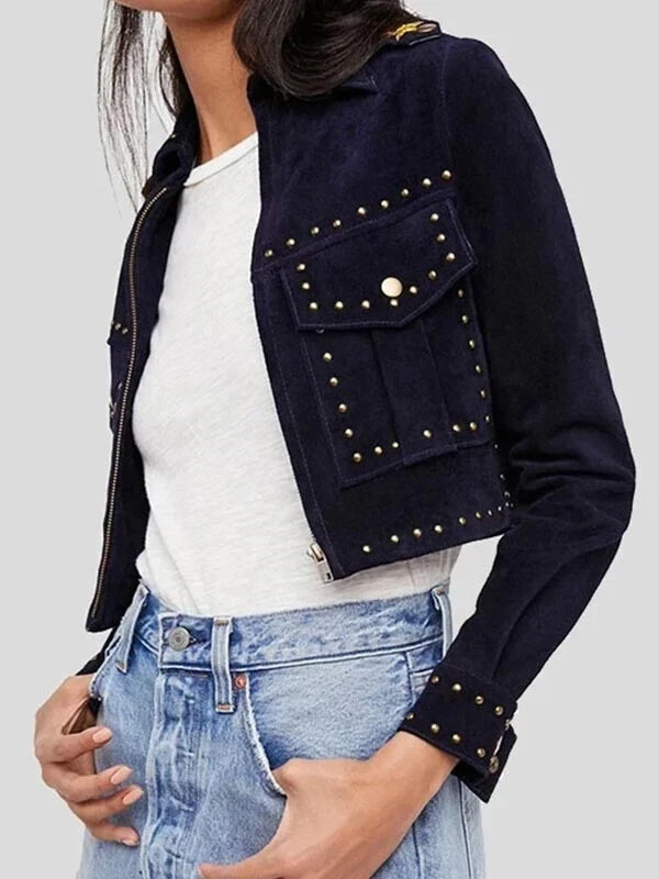 Women's Navy Blue Suede Original Leather Moto Jacket - Handcrafted Full Grain Leather Biker Jacket