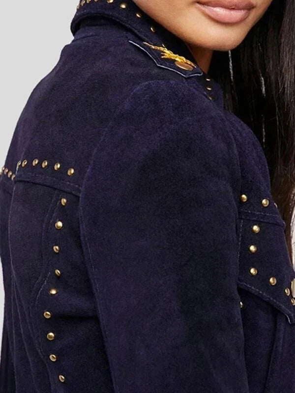 Women's Navy Blue Suede Original Leather Moto Jacket - Handcrafted Full Grain Leather Biker Jacket