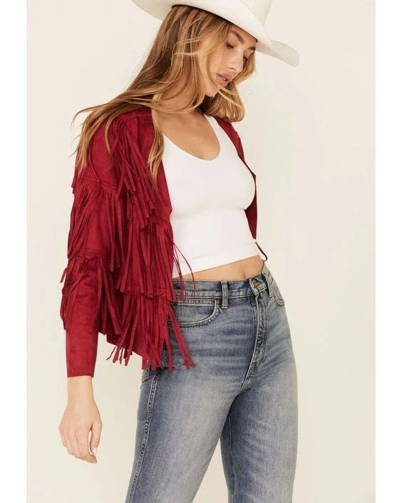 Women's Burgundy Suede Leather Fringed Jacket - Handcrafted Full Grain Leather Western Jacket