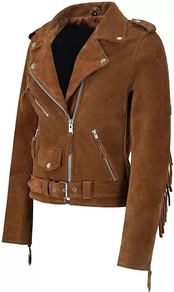 Women's Tan Original Suede LeatherFringed Moto Jacket - Handcrafted Full Grain Leather Biker Jacket