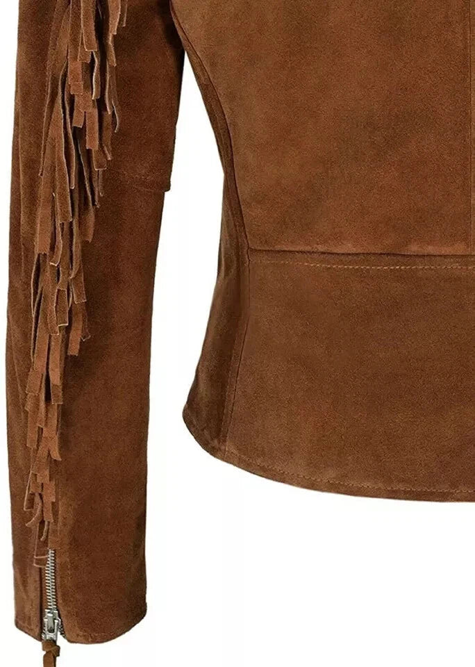 Women's Tan Original Suede LeatherFringed Moto Jacket - Handcrafted Full Grain Leather Biker Jacket