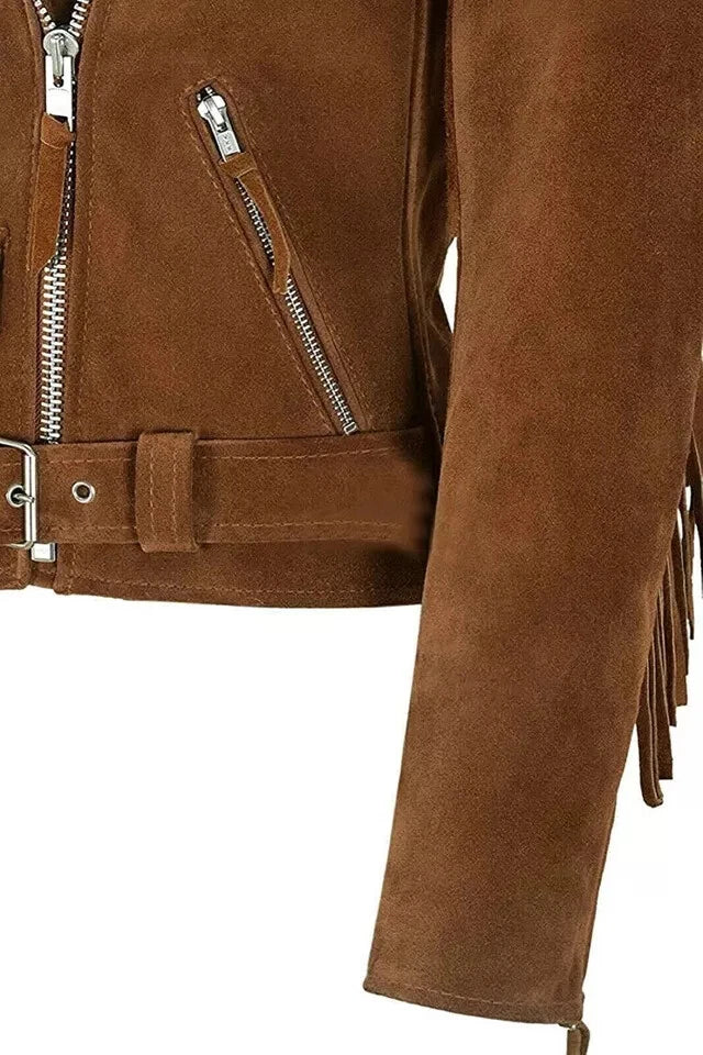 Women's Tan Original Suede LeatherFringed Moto Jacket - Handcrafted Full Grain Leather Biker Jacket