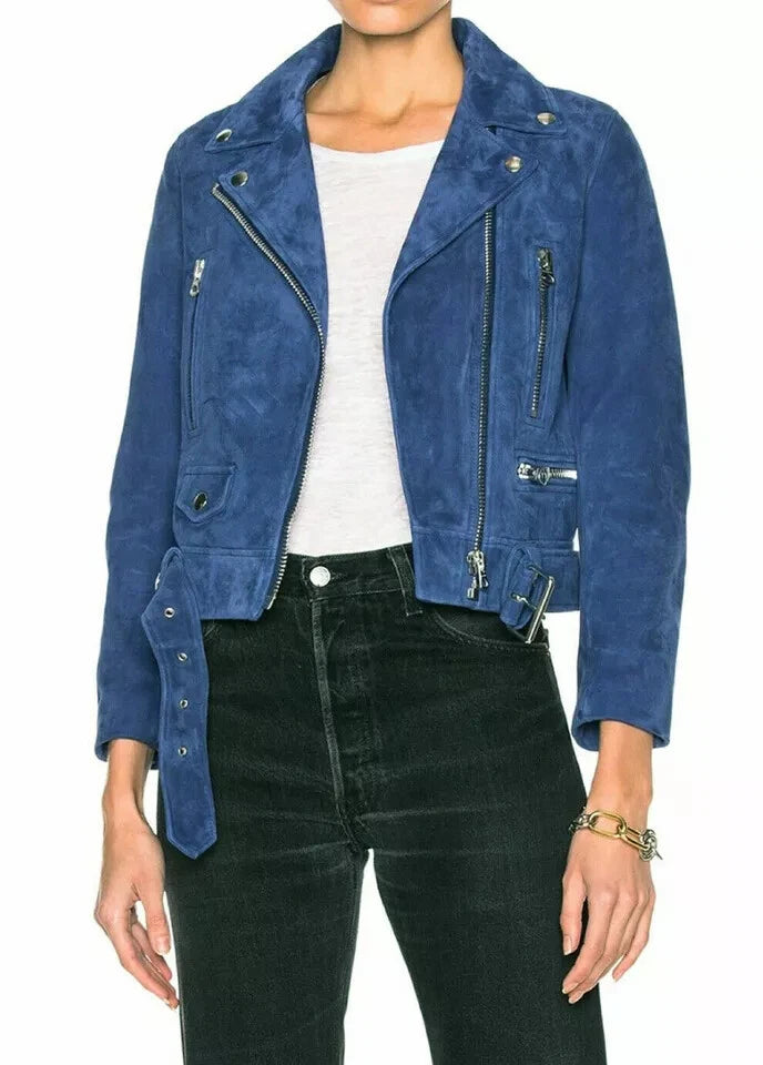Women's Blue Suede Leather Moto Jacket - Handcrafted Full Grain Leather Biker Jacket