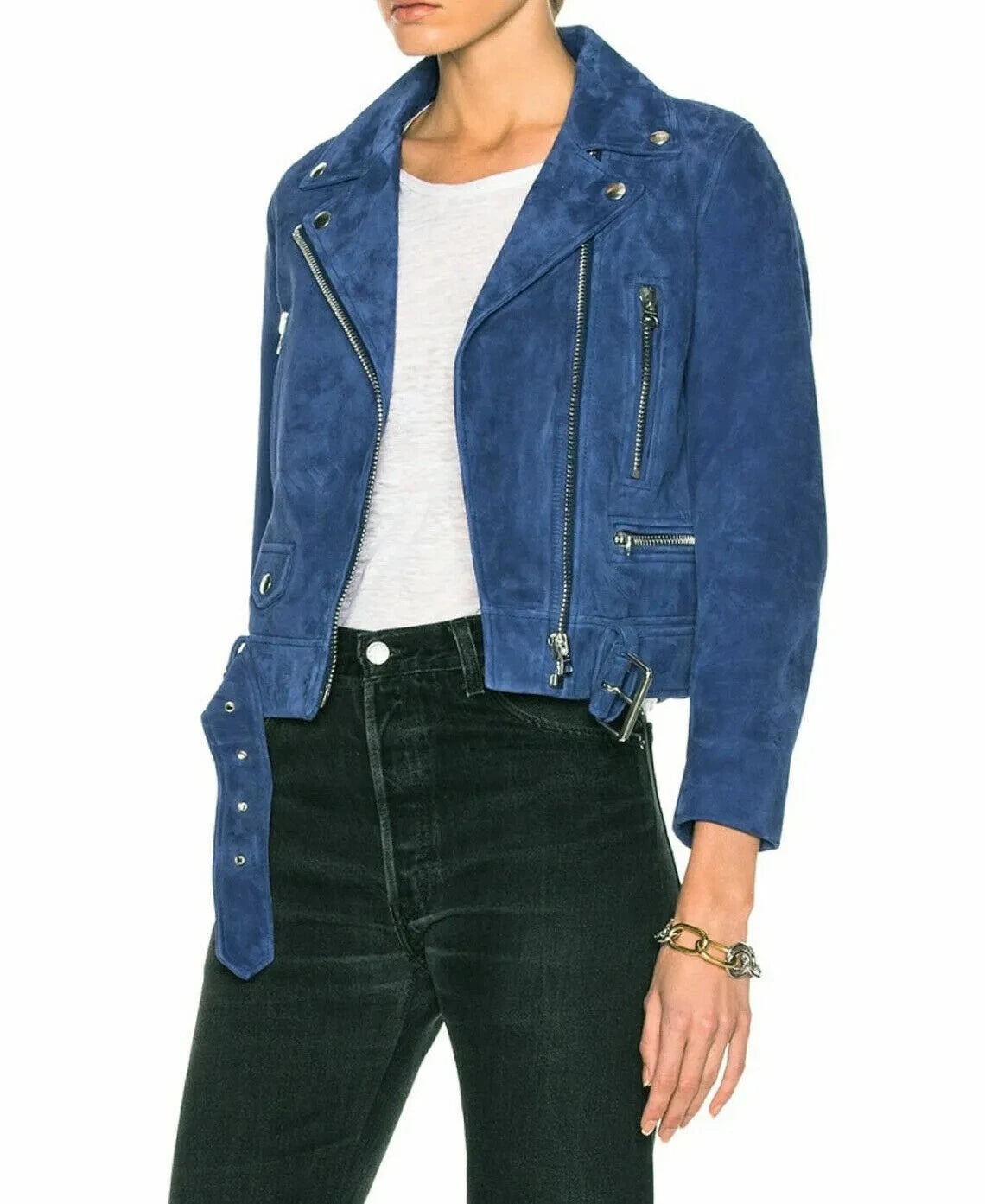 Women's Blue Suede Leather Moto Jacket - Handcrafted Full Grain Leather Biker Jacket