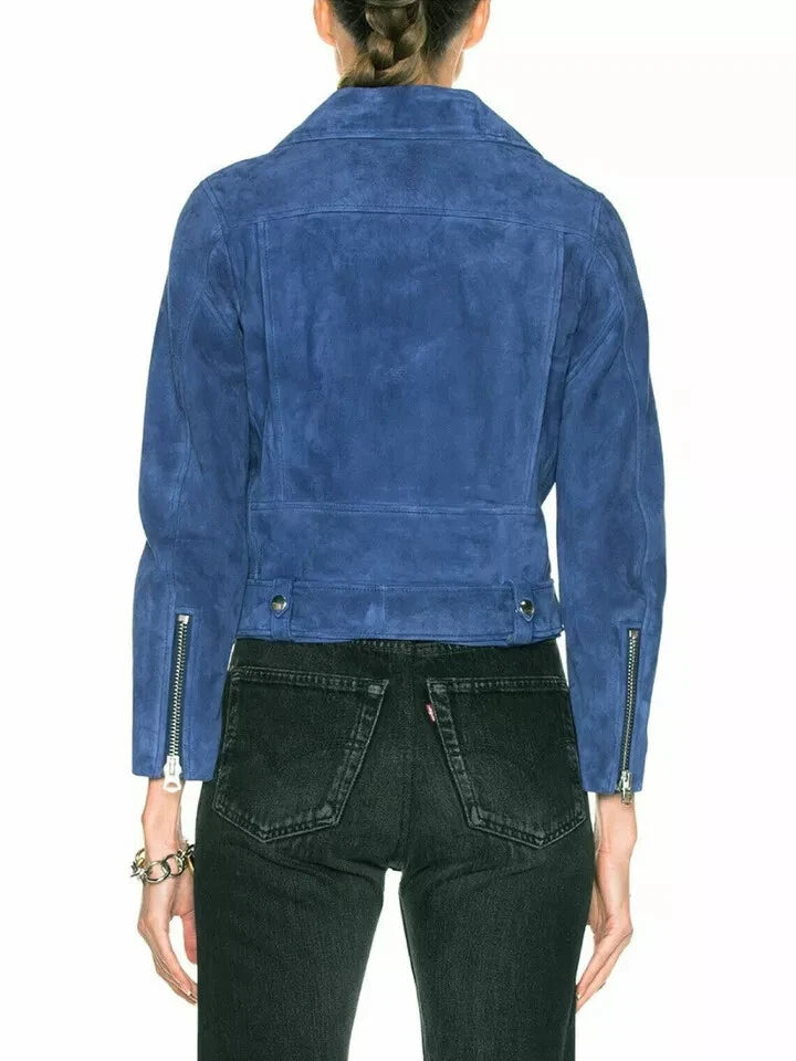 Women's Blue Suede Leather Moto Jacket - Handcrafted Full Grain Leather Biker Jacket