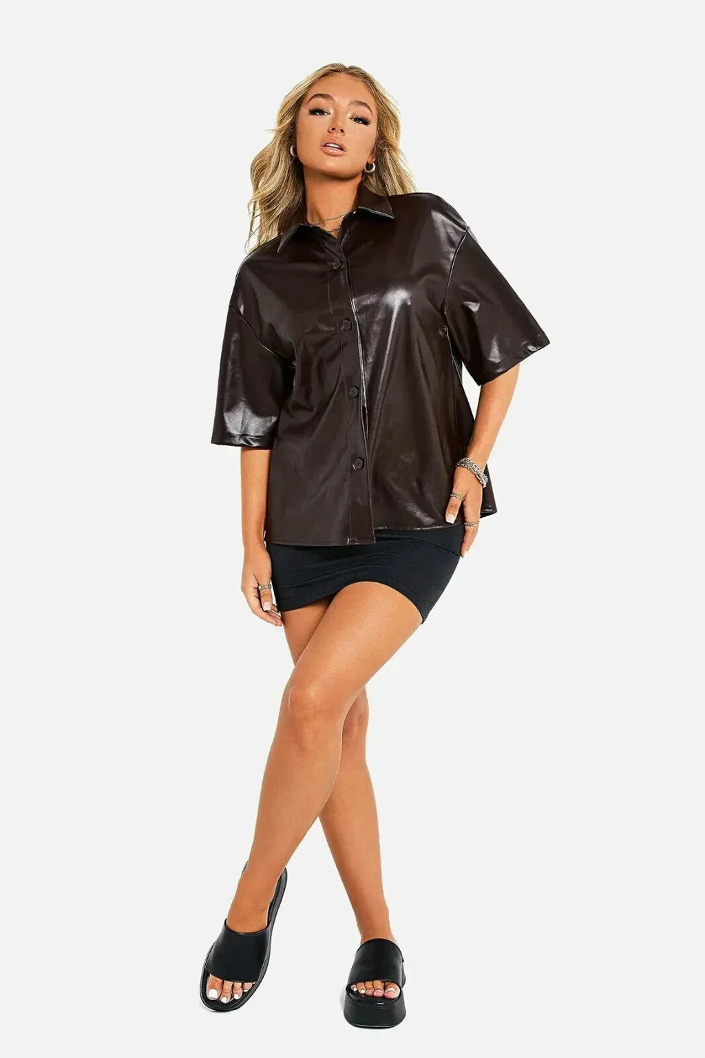 Women's Chocolate Brown Full Grain Original  Leather Shirt - Handcrafted Oversized with Short Sleeves