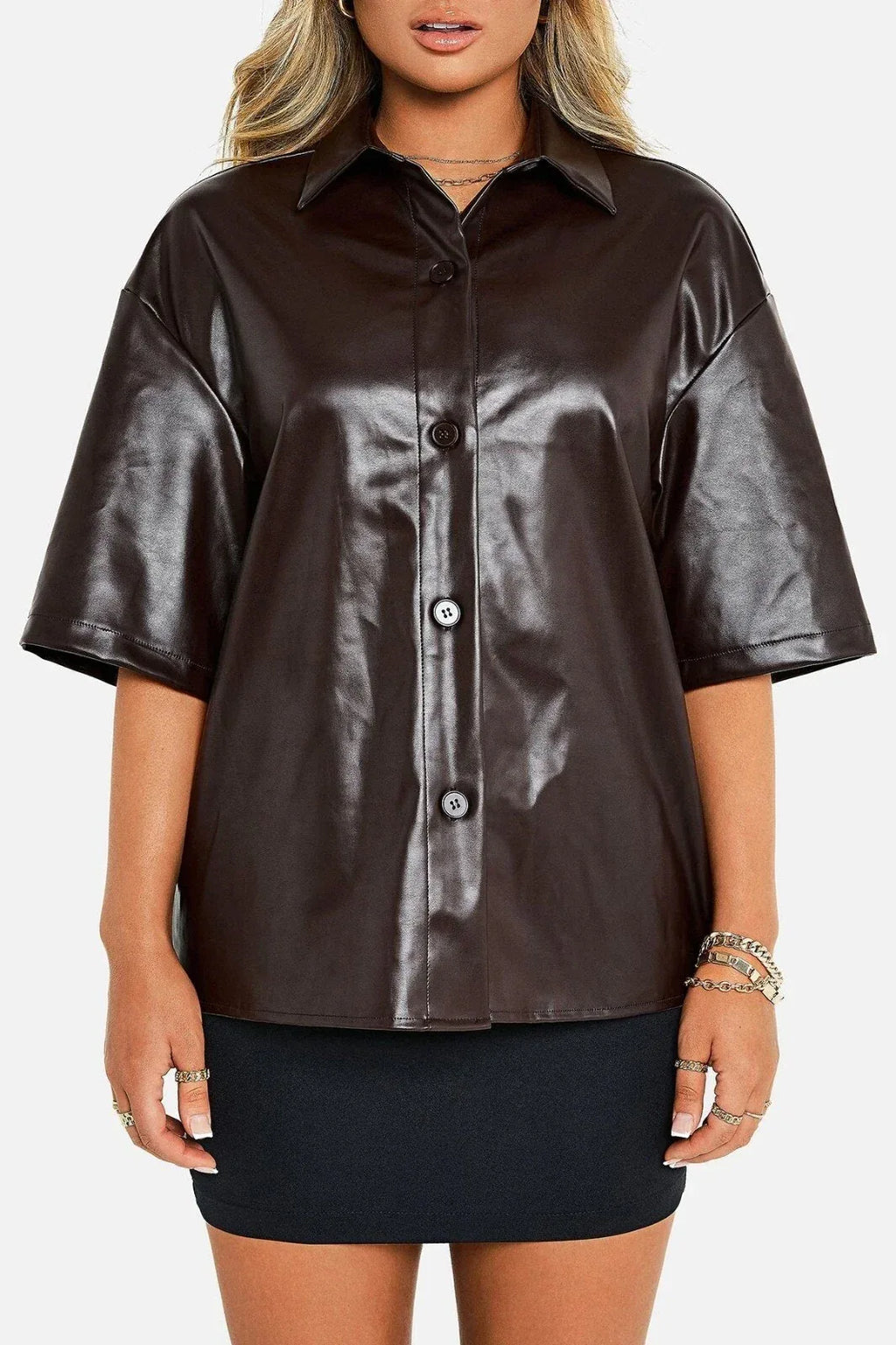 Women's Chocolate Brown Full Grain Original  Leather Shirt - Handcrafted Oversized with Short Sleeves