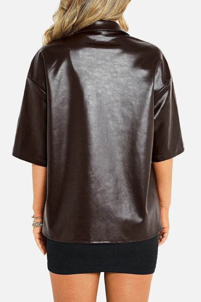 Women's Chocolate Brown Full Grain Original  Leather Shirt - Handcrafted Oversized with Short Sleeves