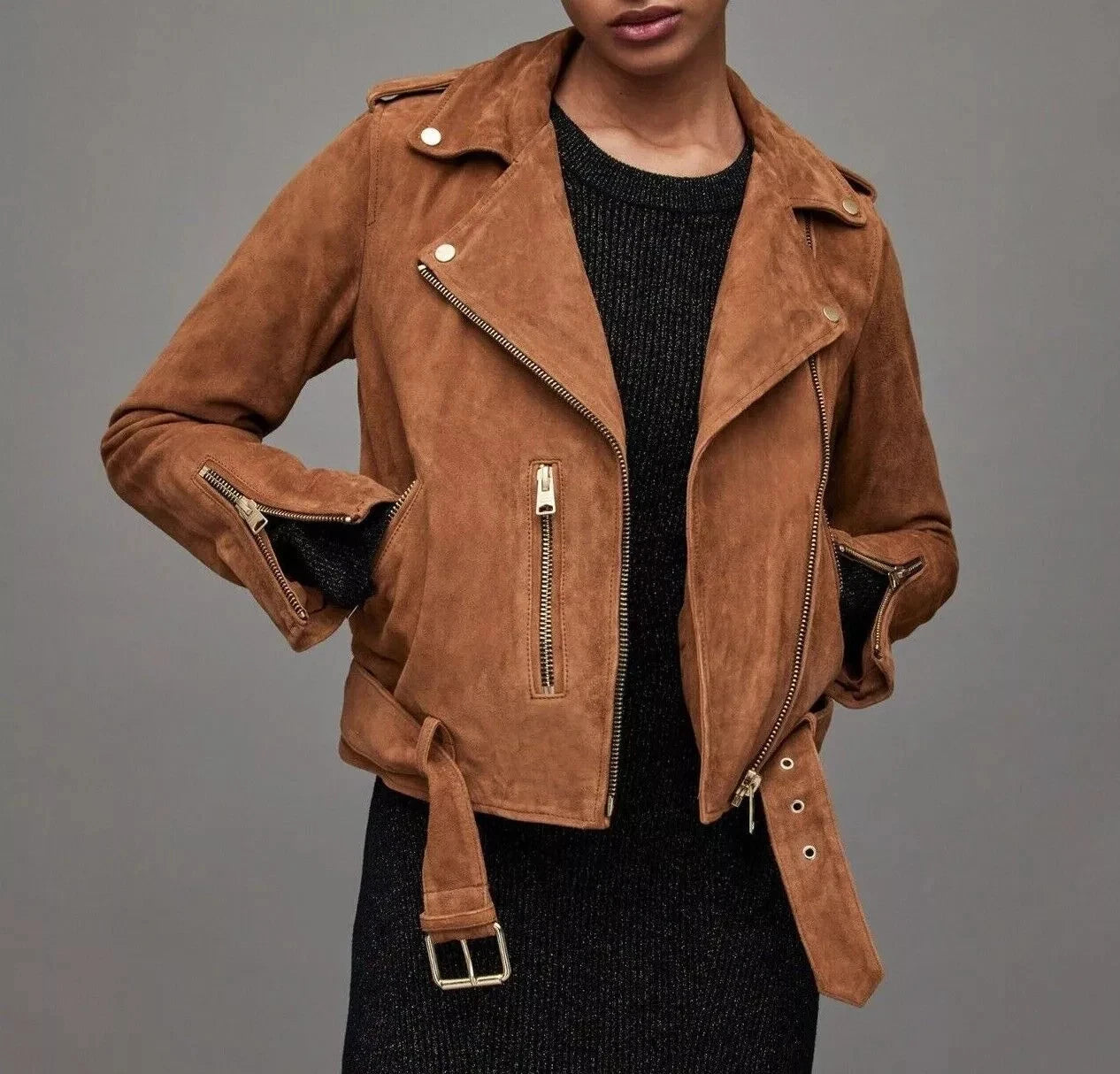 Women's Camel Brown Suede Leather Moto Jacket - Handcrafted Full Grain Leather Biker Jacket