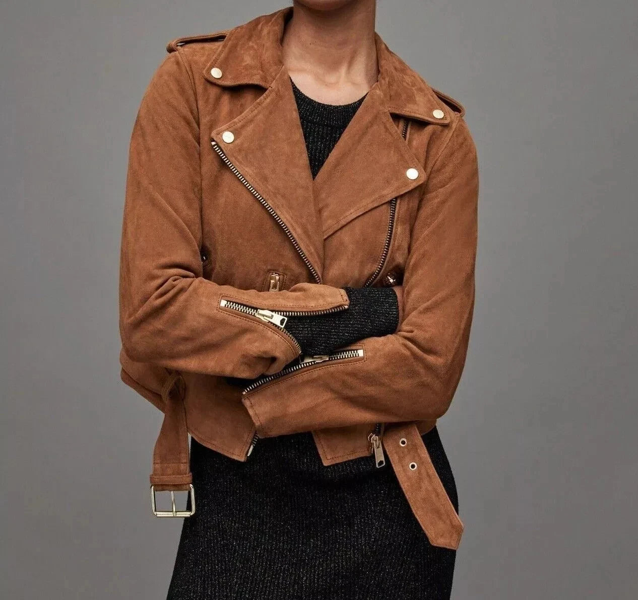 Women's Camel Brown Suede Leather Moto Jacket - Handcrafted Full Grain Leather Biker Jacket