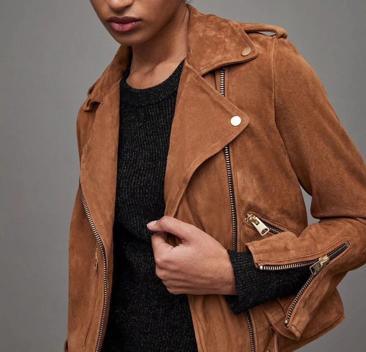 Women's Camel Brown Suede Leather Moto Jacket - Handcrafted Full Grain Leather Biker Jacket