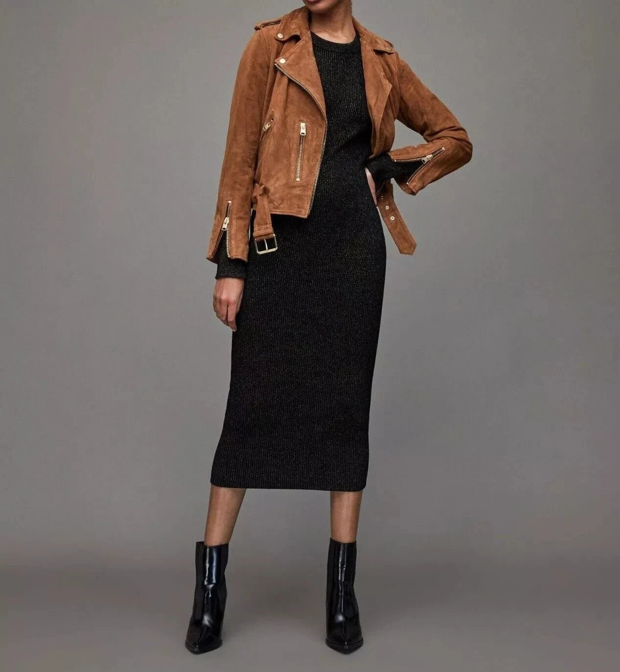 Women's Camel Brown Suede Leather Moto Jacket - Handcrafted Full Grain Leather Biker Jacket