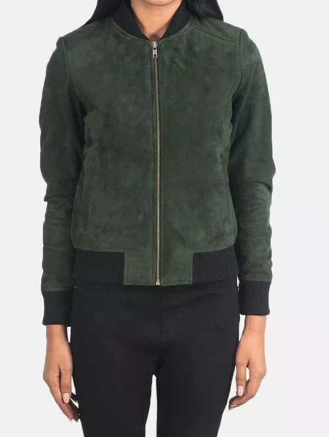 Women's Olive Green Suede Original Leather Jacket - Handcrafted Full Grain Leather Jacket with Hood
