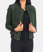 Women's Olive Green Suede Original Leather Jacket - Handcrafted Full Grain Leather Jacket with Hood