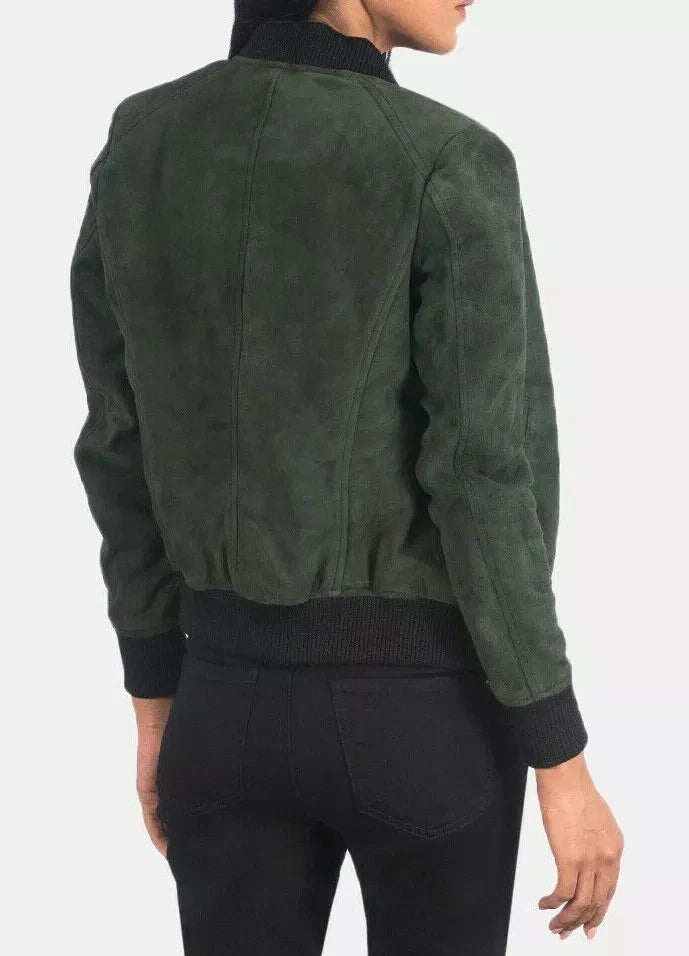 Women's Olive Green Suede Original Leather Jacket - Handcrafted Full Grain Leather Jacket with Hood