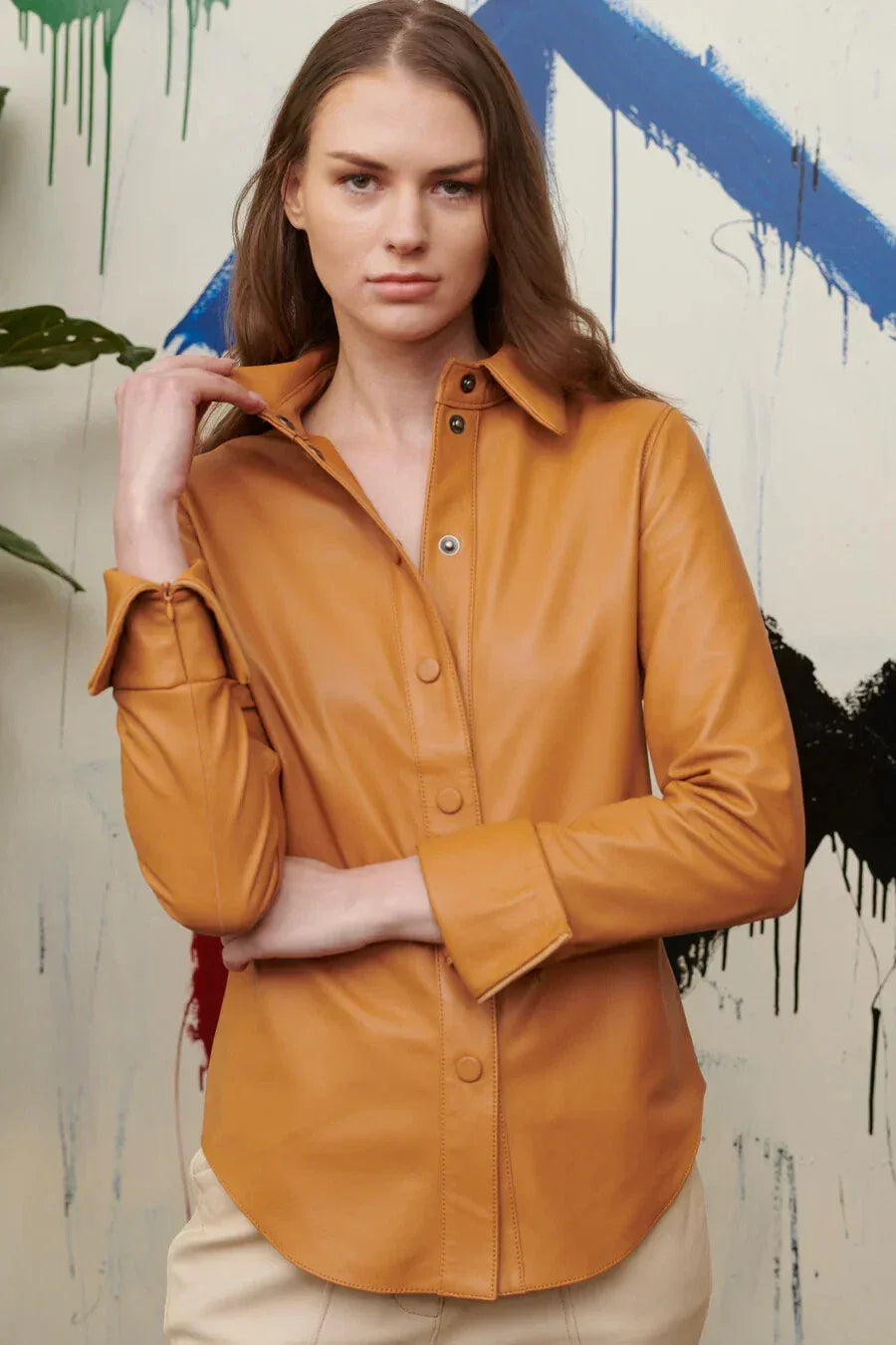 Women's Mustard Full Grain Leather Original Shirt - Handcrafted Oversized Button-Down