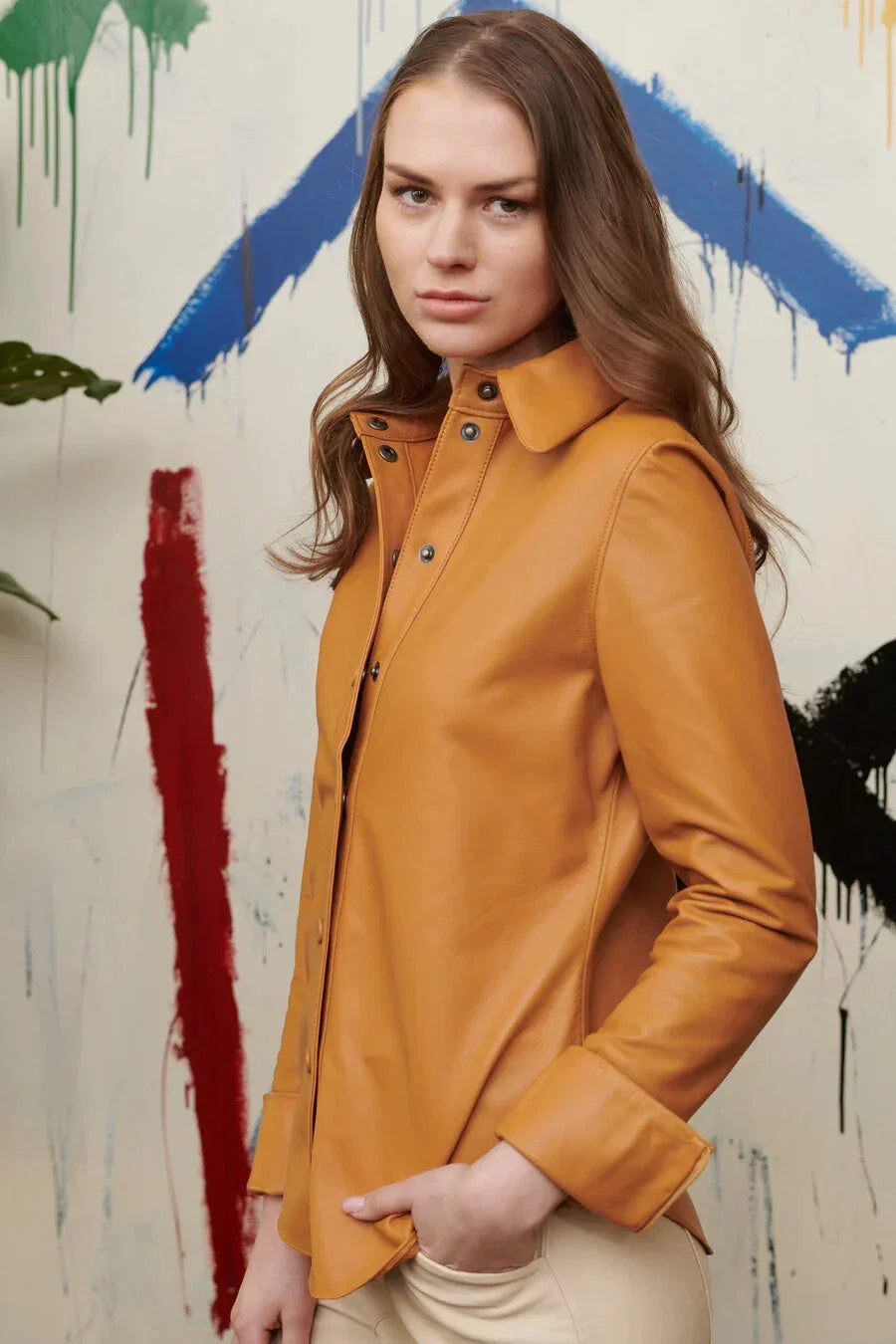 Women's Mustard Full Grain Leather Original Shirt - Handcrafted Oversized Button-Down