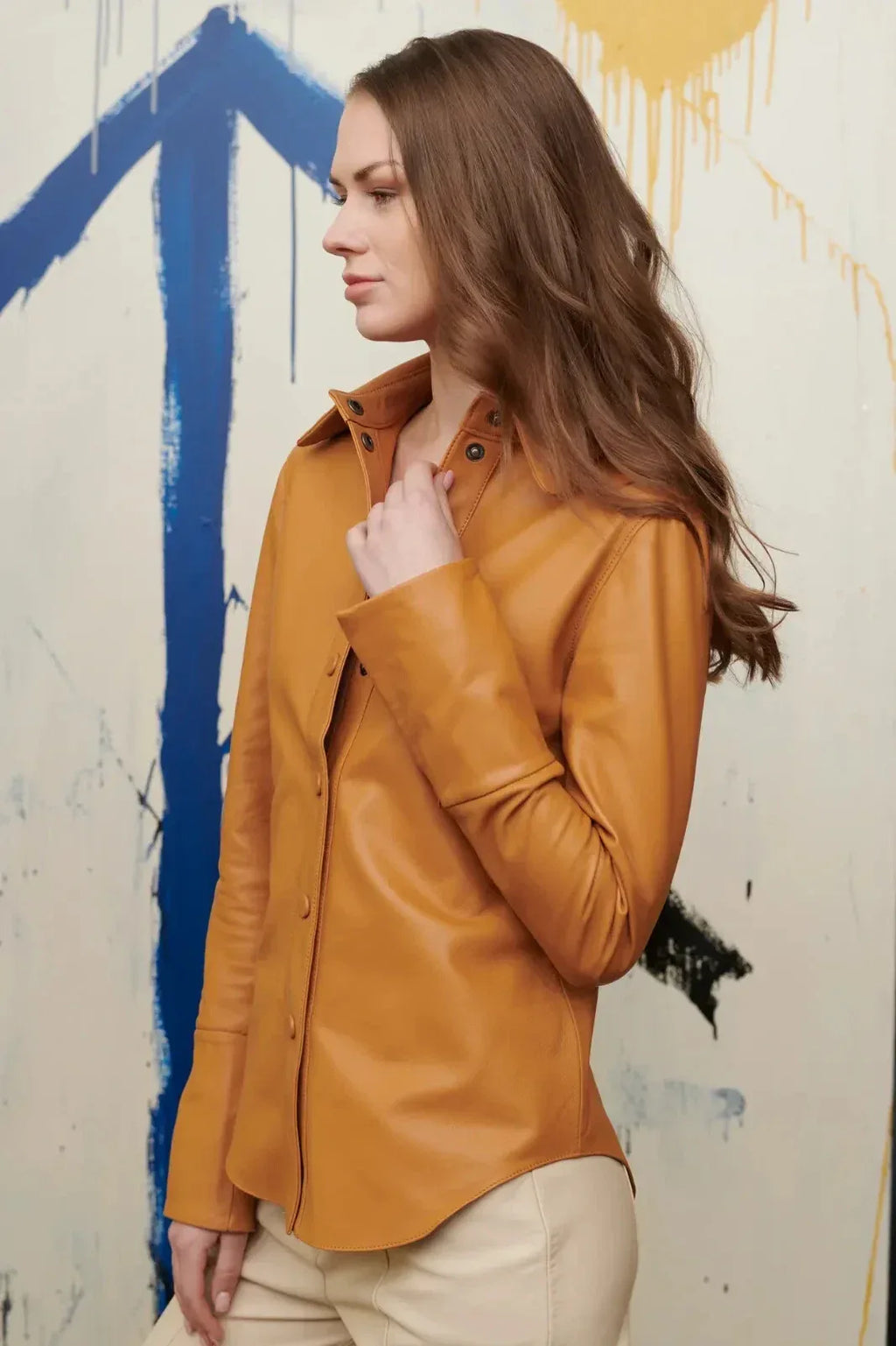 Women's Mustard Full Grain Leather Original Shirt - Handcrafted Oversized Button-Down