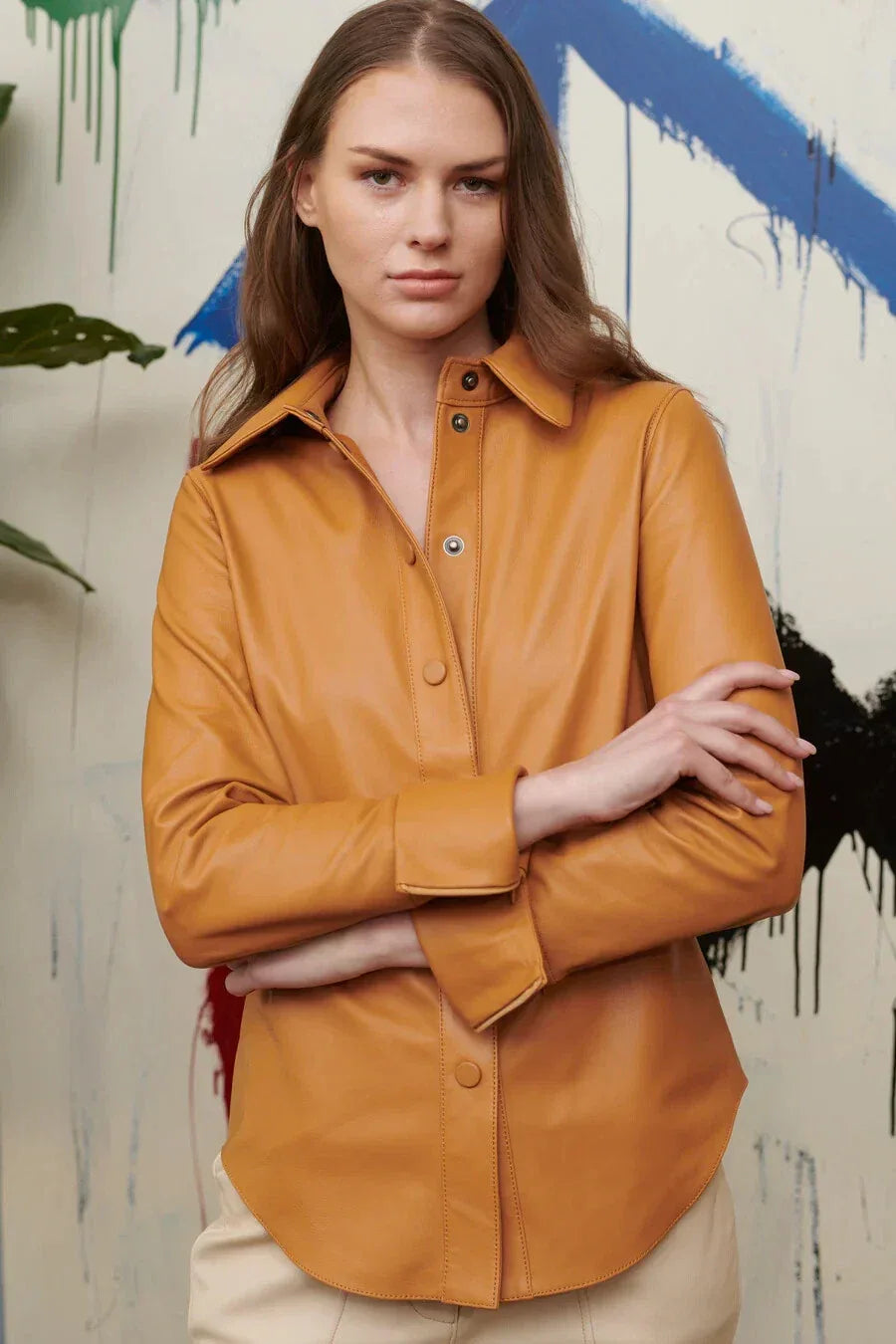 Women's Mustard Full Grain Leather Original Shirt - Handcrafted Oversized Button-Down