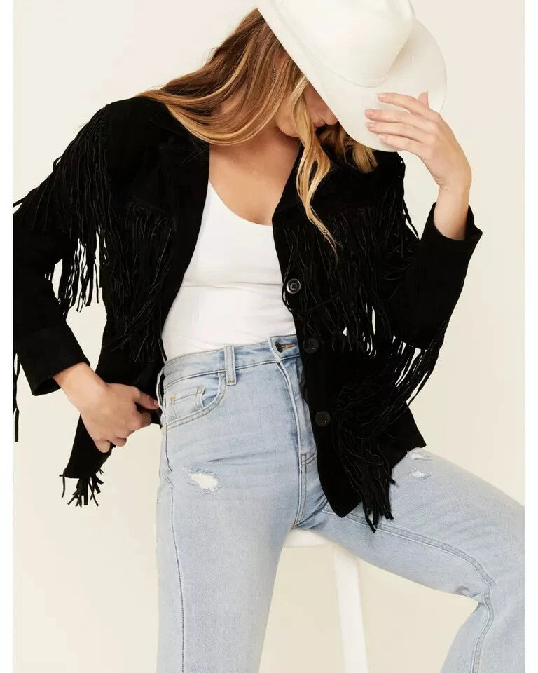 Women's Black Suede Leather Fringed - Handcrafted Full Grain Leather Western Jacket