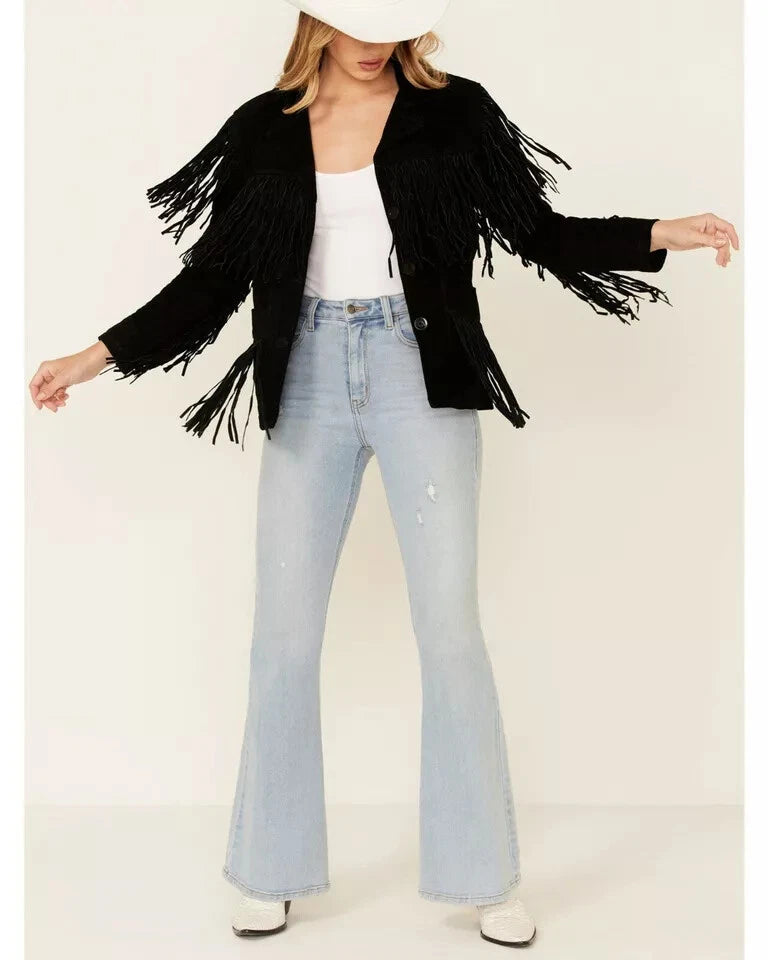 Women's Black Suede Leather Fringed - Handcrafted Full Grain Leather Western Jacket