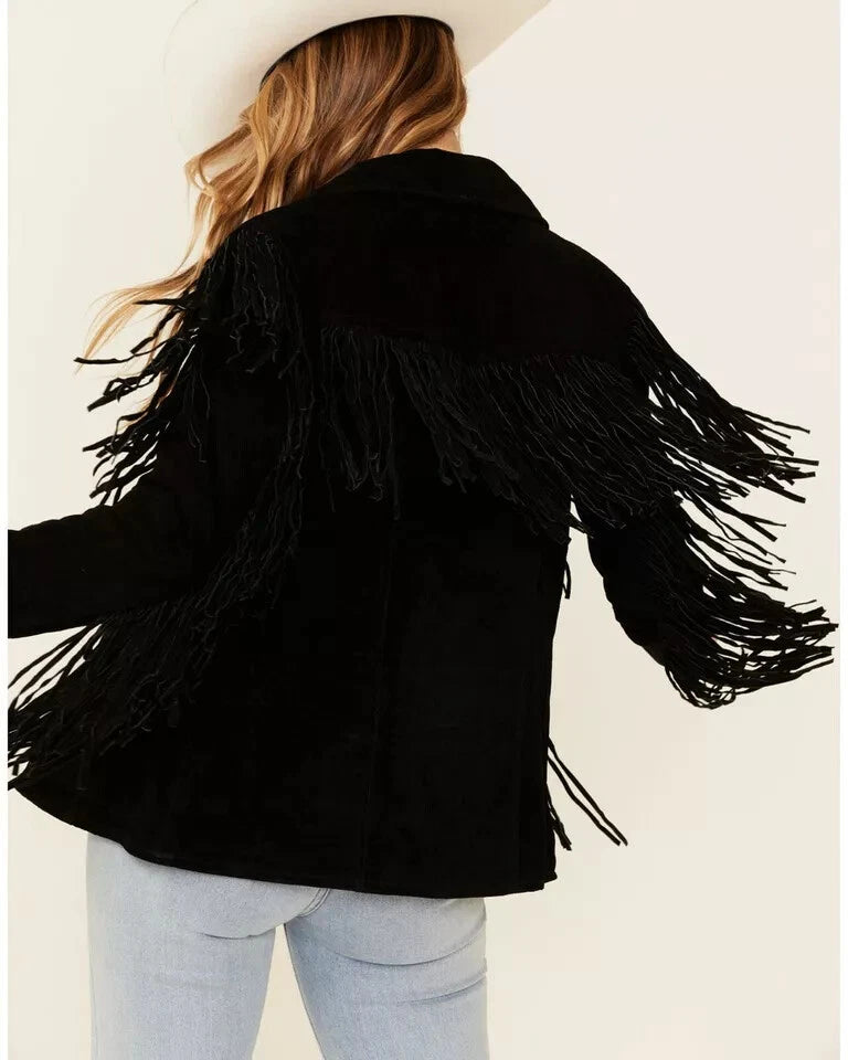Women's Black Suede Leather Fringed - Handcrafted Full Grain Leather Western Jacket
