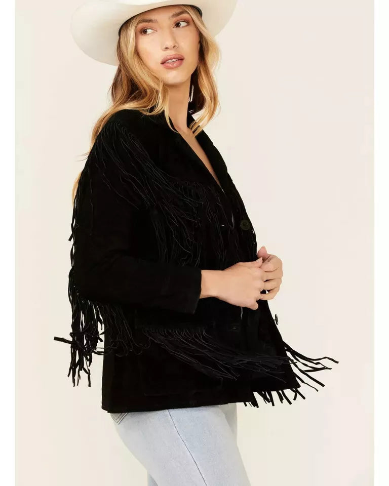 Women's Black Suede Leather Fringed - Handcrafted Full Grain Leather Western Jacket