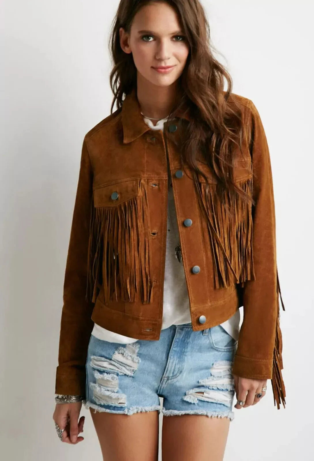Women's Cognac Brown Suede Leather Fringed Jacket - Handcrafted Full Grain Leather Western Jacket