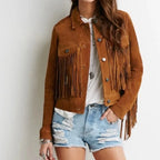 Women's Cognac Brown Suede Leather Fringed Jacket - Handcrafted Full Grain Leather Western Jacket