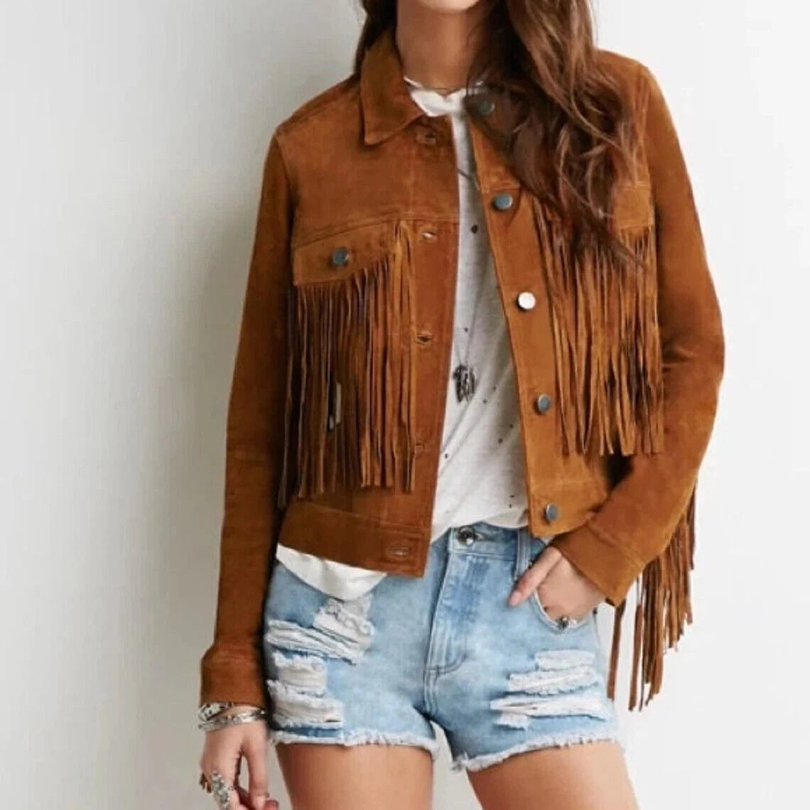 Women's Cognac Brown Suede Leather Fringed Jacket - Handcrafted Full Grain Leather Western Jacket