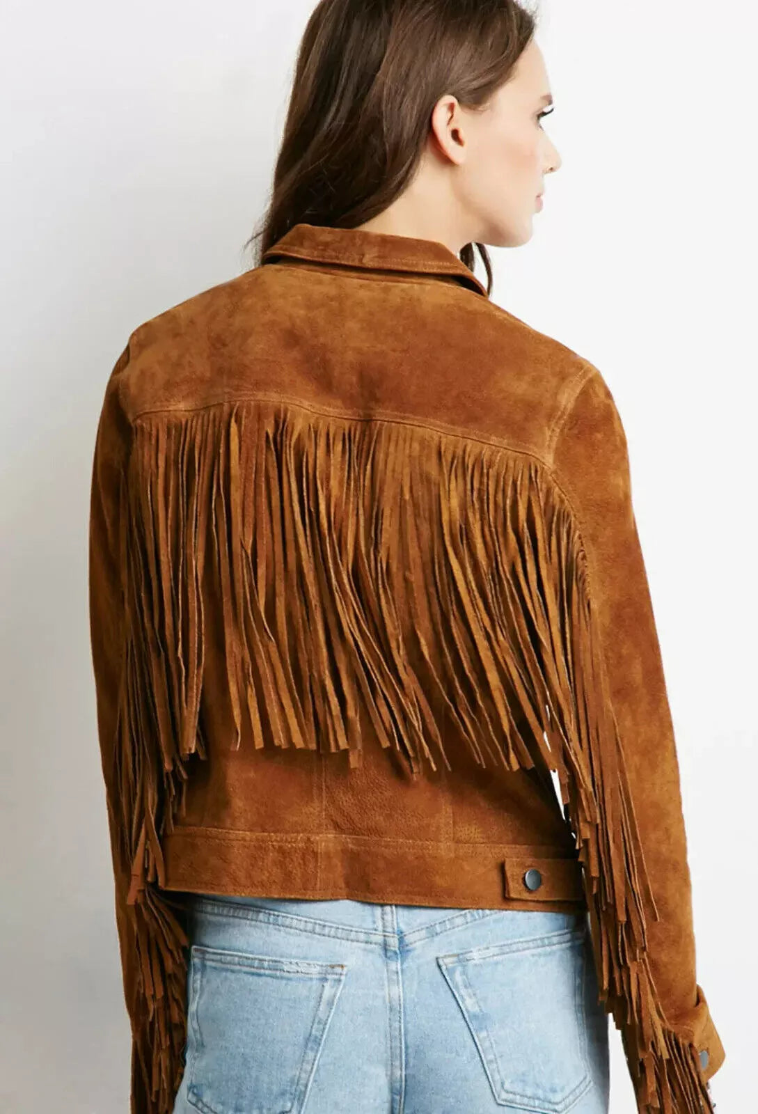 Women's Cognac Brown Suede Leather Fringed Jacket - Handcrafted Full Grain Leather Western Jacket