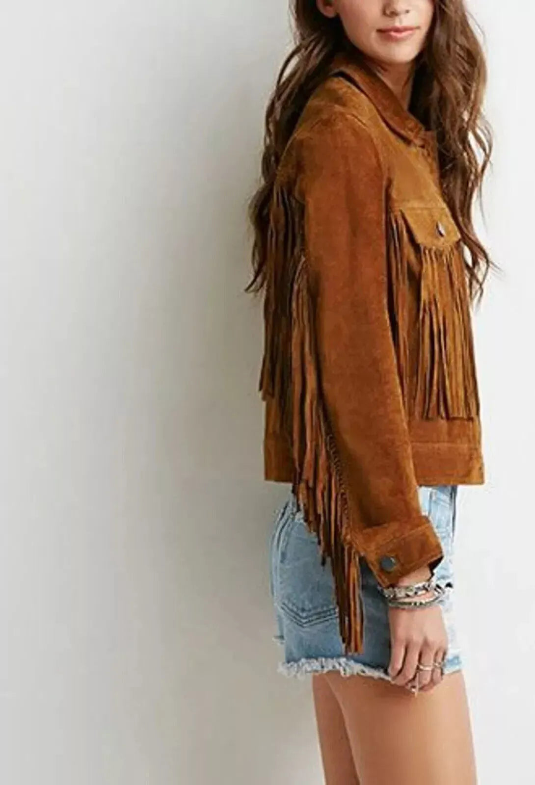 Women's Cognac Brown Suede Leather Fringed Jacket - Handcrafted Full Grain Leather Western Jacket