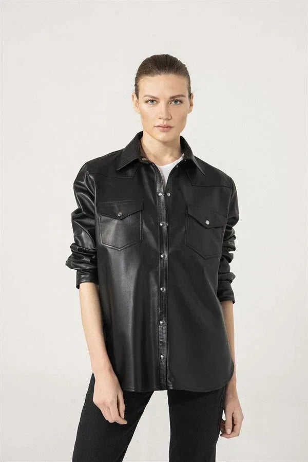 Women's Black Full Grain Original  Leather Shirt - Handcrafted Glossy Finish with Chest Pockets