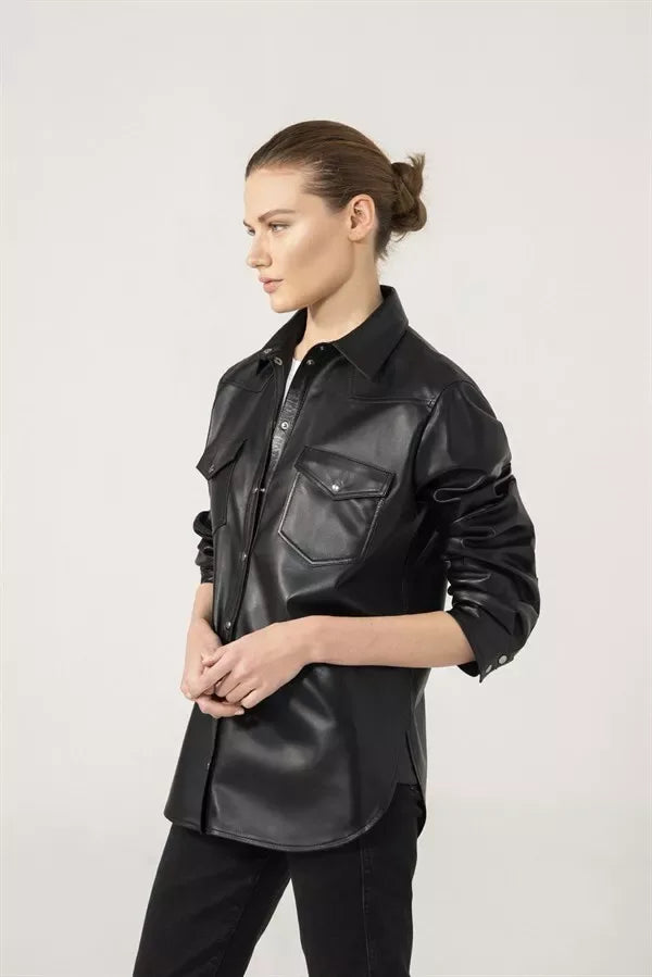 Women's Black Full Grain Original  Leather Shirt - Handcrafted Glossy Finish with Chest Pockets