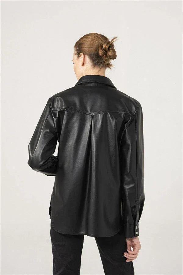 Women's Black Full Grain Original  Leather Shirt - Handcrafted Glossy Finish with Chest Pockets