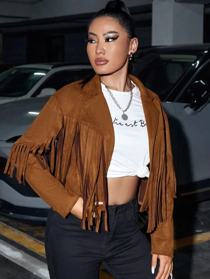 Women's Tan Suede Fringe Original Leather Jacket - Handcrafted Western Cropped Blazer