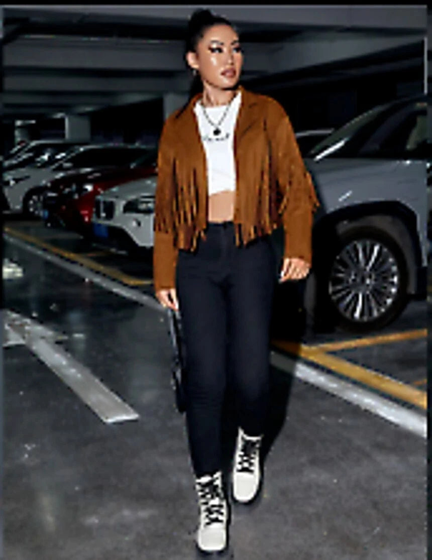 Women's Tan Suede Fringe Original Leather Jacket - Handcrafted Western Cropped Blazer