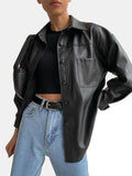 Black Leather Original Shirt - Oversized Full-Grain Leather Shacket for Women