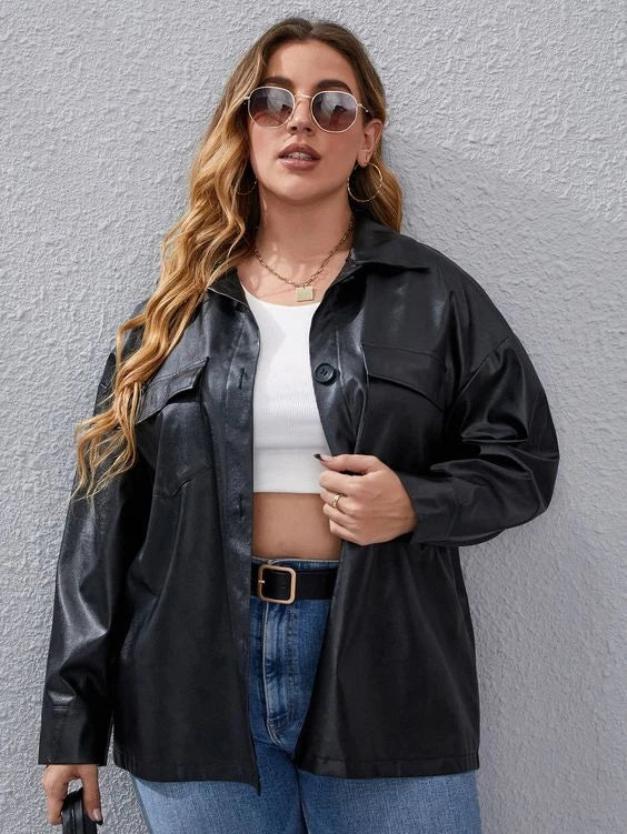 Black Leather Original Shirt - Oversized Full-Grain Leather Shacket for Women
