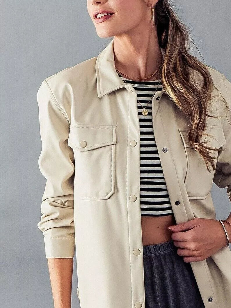 Beige Leather Original Shirt - Oversized Full-Grain Leather Shacket for Women